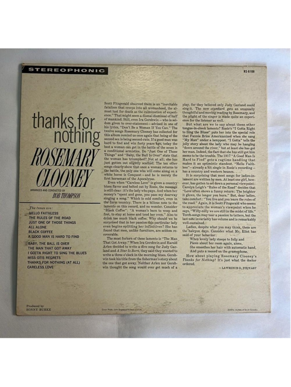 ROSEMARY CLOONEY - "THANKS FOR NOTHING" VINYL RECORD - Picture 2 of 4